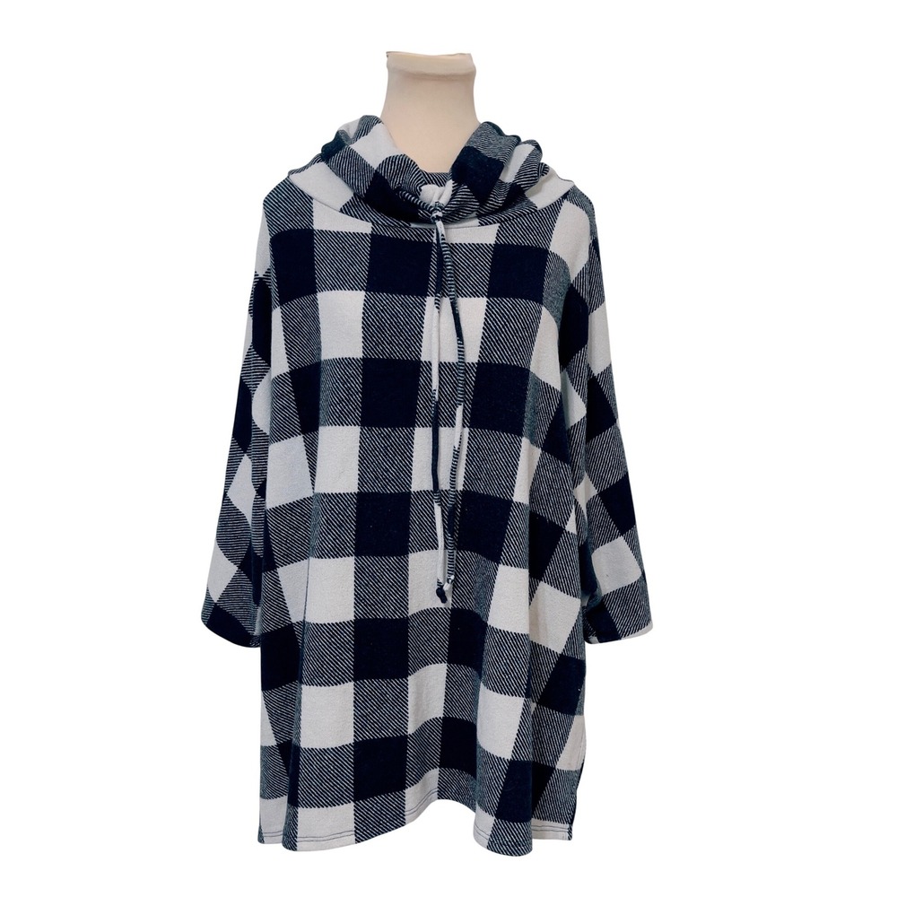 White Birch Women XL Buffalo Plaid Cowl Neck Tunic Top Black White Checkered